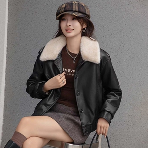 现货海宁f仿真皮皮衣女加绒加厚短款2024冬季新款女士宽松皮外套图片
