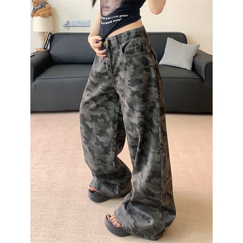 2388-P50美式阔腿迷彩工装牛仔裤女新款复古宽松伞兵拖地裤，女装牛仔裤，电商A306A