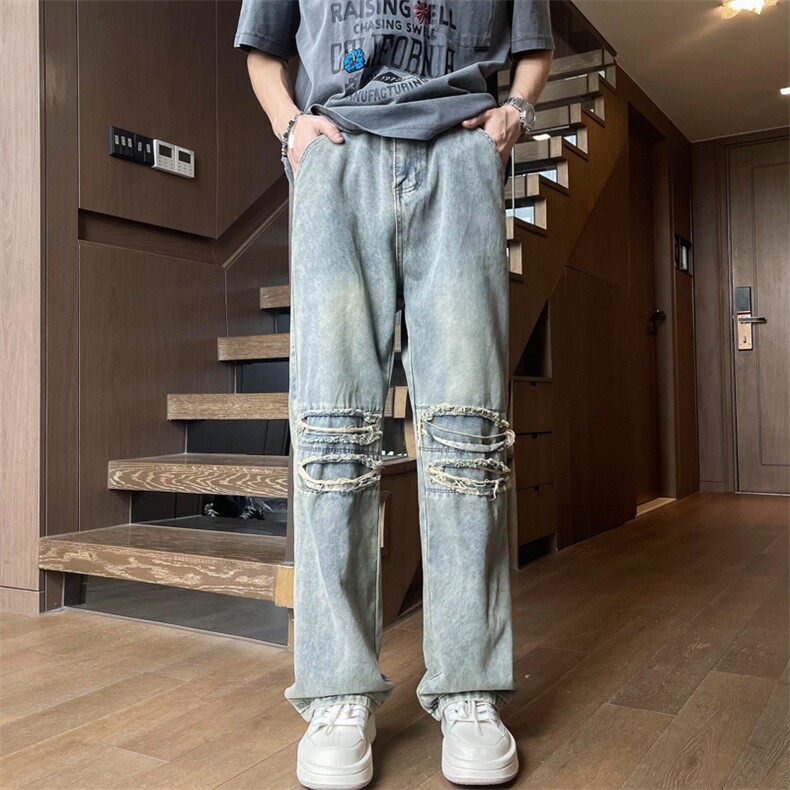 夏款男牛仔裤刀割补丁破洞渐变色直筒宽松长裤NK7268P45,男装牛仔裤,星座1013-1