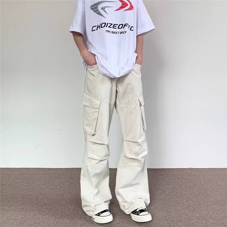 美式复古米白色多口袋工装裤男女阔腿褶皱伞兵裤直筒休闲长裤CA02图片