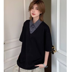 夏季拼接假两件短袖POLO衫男女潮牌宽松百搭T恤 513DT3497P35图片