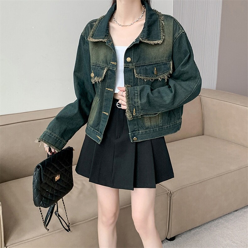 复古做旧毛边牛仔外套春季新款小个子高级感短款上衣女NZ033-75,男装工装外套,星座911-3