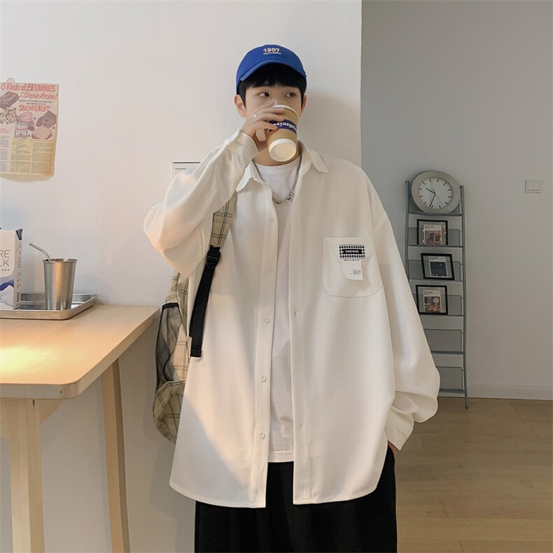 2026春夏装新款宽松贴标华夫格长袖衬衫男CS9966/特P28白色,男装衬衫,电商A094