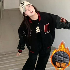 潮高街徽章刺绣pu皮拼接夹克男女青少年学生百搭潮流棒球服，男装夹克，四季星座505
