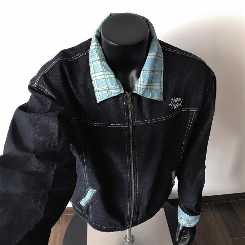 牛仔夹克男美式复古拼接格子设计刺绣青少年潮外套男女JK8963,男装工装外套,星座516A