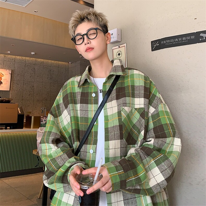 格子衬衫男长袖春秋季新款潮牌宽松大码衬衣痞帅潮流高级休闲外套图片