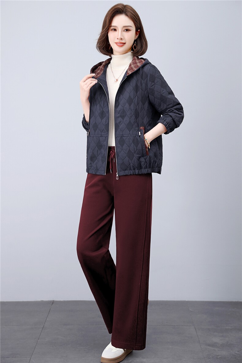 长期现货妈妈春秋早冬夹棉服时尚格子连帽外套短中老年两件套装女,女装套装/套裙,璐依舞
