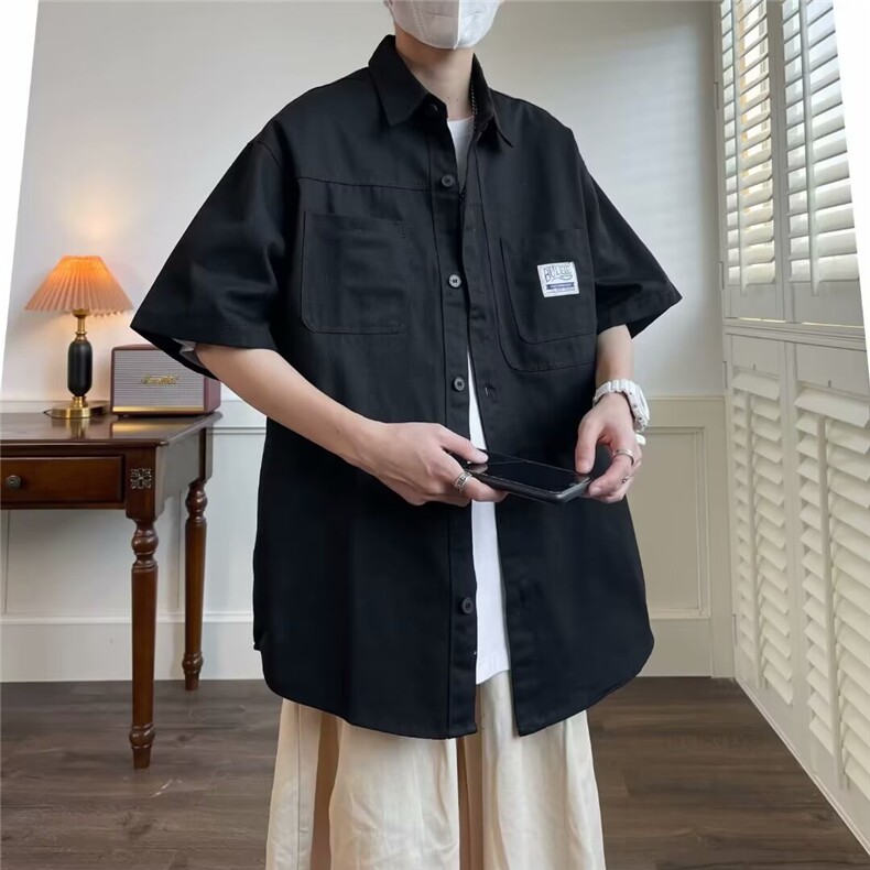 纯棉夏季新款五分袖衬衫男港风休闲工装衬衣外套宽松潮CY672-P46,男装衬衫,星座412-3