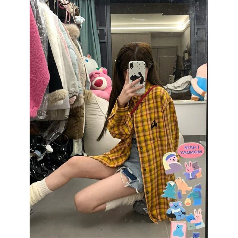 2025美式复古多巴胺黄色格子衬衫男女高街衬衣开衫长袖外套上衣,男装衬衫,星座506A