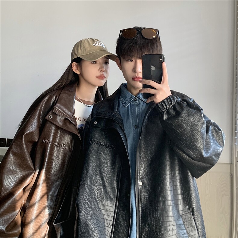 港风钢印夹克大码M-5XL皮衣鳄鱼纹情侣皮衣男外套JK8749P90控128，男装皮衣，星座227-7
