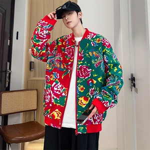J01男女棒球领夹克外套东北大花汉服开衫左右拼接撞色潮男女图片