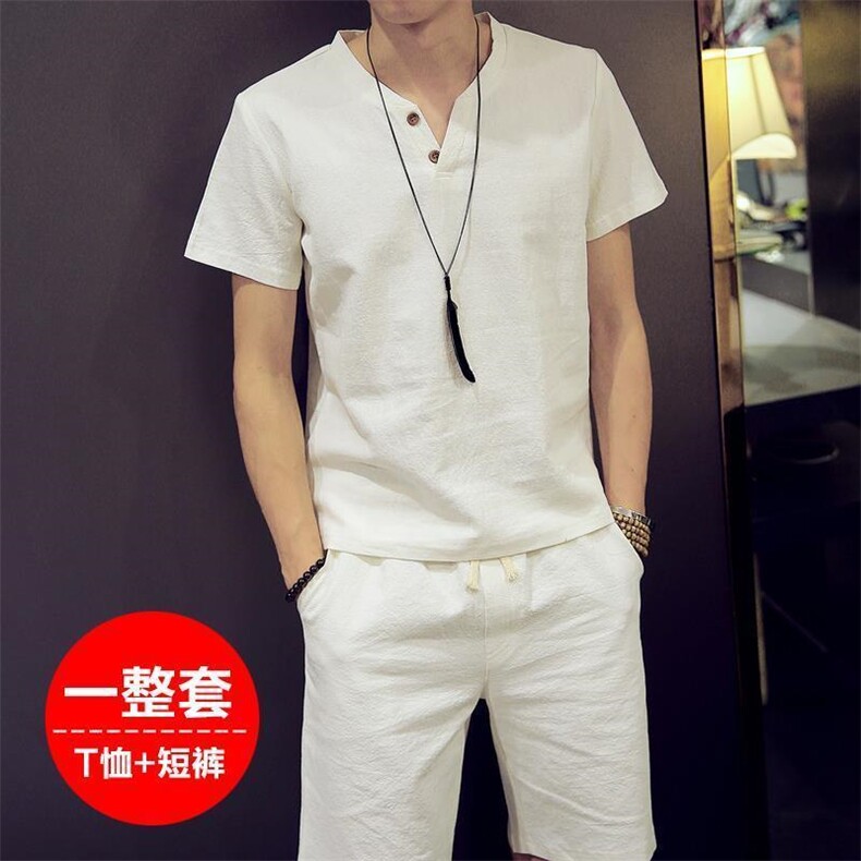 风两件套夏季短袖套装男士宽松亚麻古装汉服衣服禅服唐装p20,男装休闲套装,星座1511