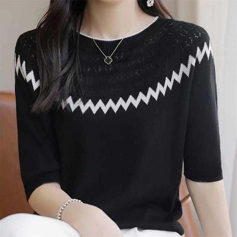 新款夏季百搭镂空提花圆领短袖,女装T恤,萱芳婷羊绒