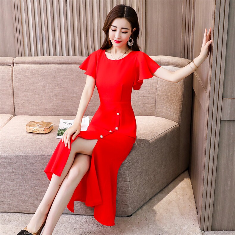 连衣裙2022年夏季圆领短袖收腰下摆优雅简约纯色套头，女装连衣裙，卡杰菲