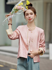 粉色提花新中式国风外套女2025新款改良流苏盘扣开春超火唐装上衣，女装套装/套裙，天丽