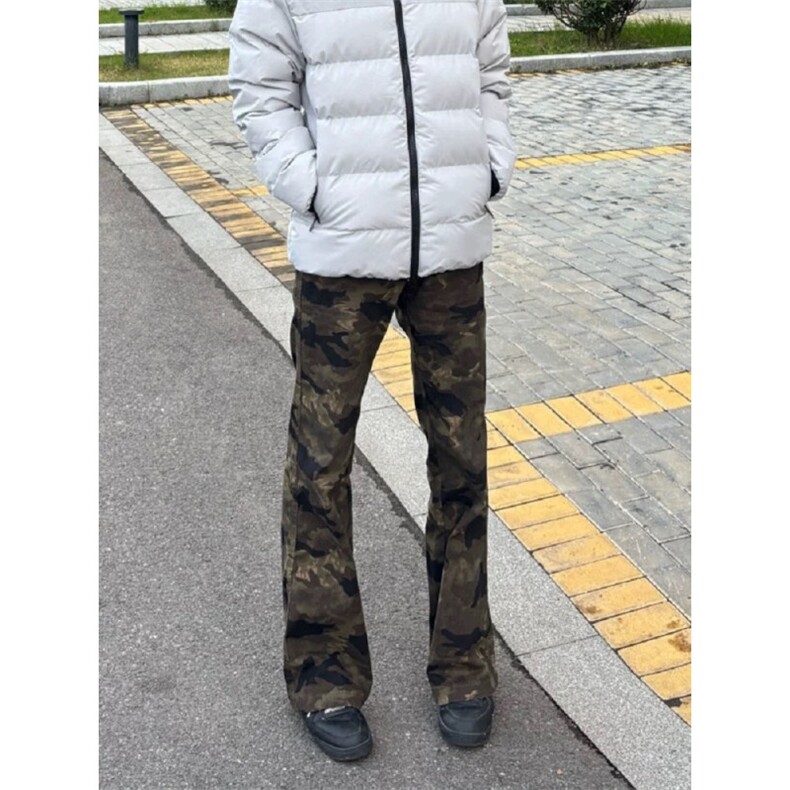 美式高街复古做旧简约迷彩牛仔裤男直筒微喇修身显瘦长裤H427 P38图片