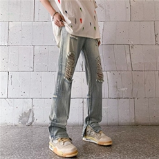 美式高街vibe潮牌破洞牛仔裤男夏款宽松设计感修身裤子N1705-p47，男装牛仔裤，星座1008
