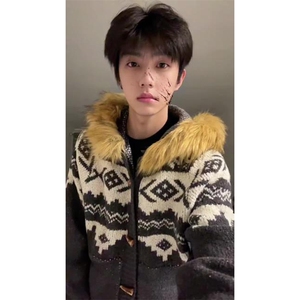 重磅北极绒座山雕大毛毛领毛衣外套冬美式复古休闲慵懒风针织开衫图片