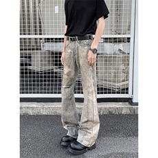 高街扎染割烂弯刀牛仔裤男女复古cleanfit直筒水洗做旧解构微喇裤，男装牛仔裤，星座601-1