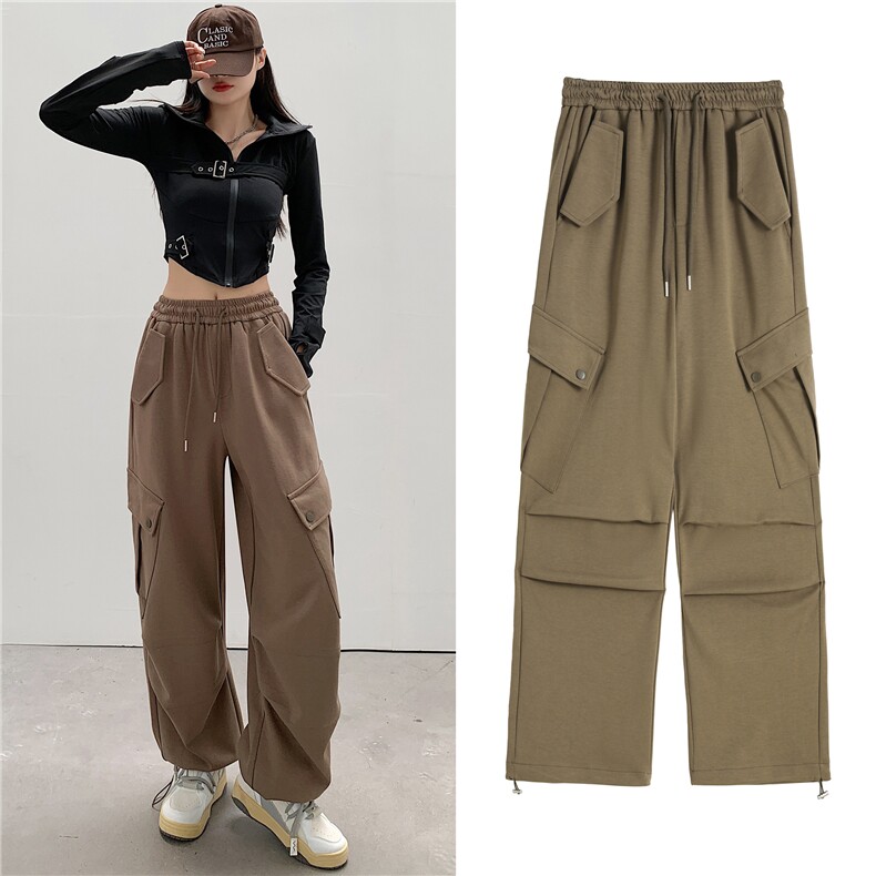 2023秋冬新款美式工装卫裤女宽松休闲复古红色束脚运动阔腿裤潮,女装休闲裤,梦白服饰厂