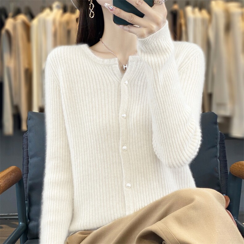 开衫女圆领坑条珍珠扣毛衣外套宽松羊绒衫外搭针织上衣,女装羊毛衫,大美人高端店