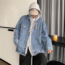 假两件牛仔外套男秋冬高街设计感夹克美式复古连帽上衣J33099-p75，男装工装外套，星座1008