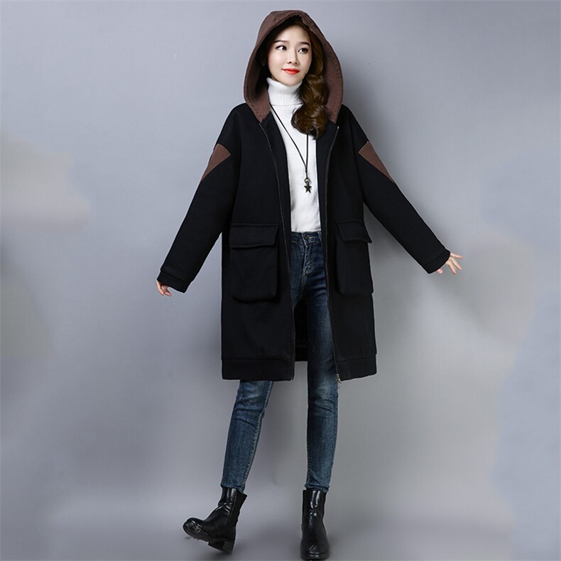 棉服连帽棉长袖加厚拉链口袋排扣中长款拼接,女装棉衣/棉服,叶笙衣