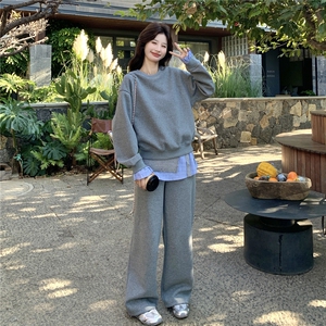 韩系慵懒休闲风格纹拼接卫衣套装女2026春季阔腿裤时尚减龄两件套图片