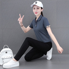 燕颉女士夏季天丝罗马棉运动套装薄款翻领休闲服时尚跑步服两件套，女装套装/套裙，燕颉服饰