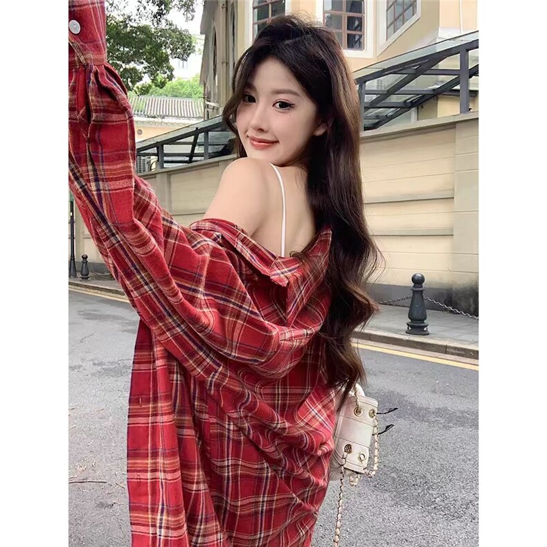 红格纹长袖衬衣女宽松外穿衬衫复古春秋百搭休闲上衣,男装衬衫,星座1210-1