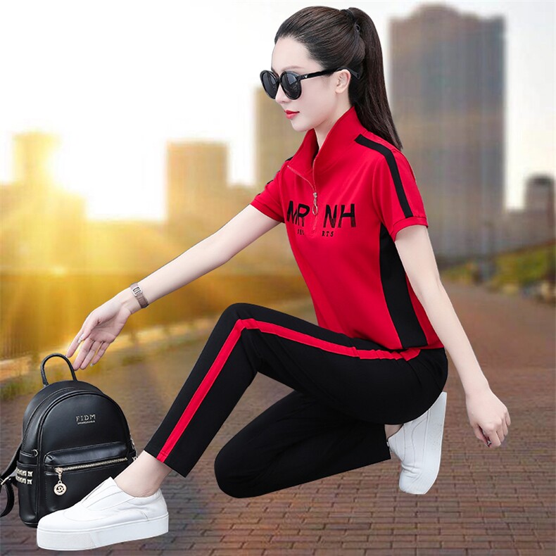 燕颉运动套装女夏季薄款2023年妈妈纯棉休闲跑步服宽松短袖两件套图片