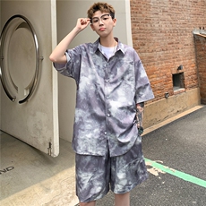 2025美式扎染印花冰丝凉感短袖衬衫薄套装TZ3456/特P45灰色2，男装休闲套装，电商A094