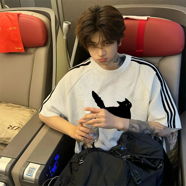 抖音得物高品质二开240克宽松纯棉美式潮牌三条杠织带短袖T恤，男装T恤，电商A486-1