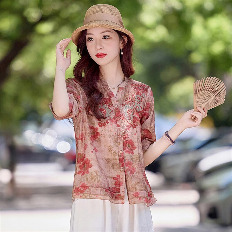 现货！夏季新款2025套装女简约时尚优雅气质天丝麻料印花刺绣上衣，女装衬衫，涵墨