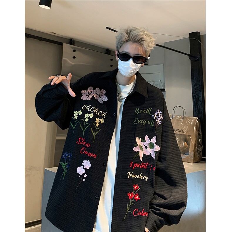 2024美式复古华夫格彩色花卉刺绣长袖衬衫情侣上衣男女H980P78，男装衬衫，电商A341