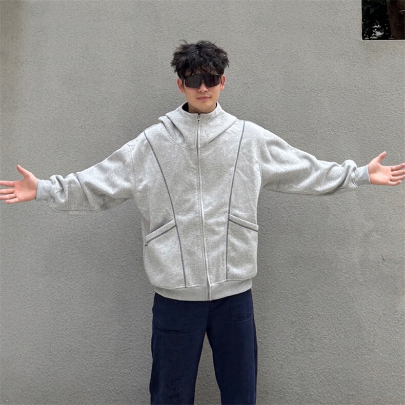 抖音得物高品质秋冬美式高街重磅结构辑明线纹理连帽卫衣外套W111图片