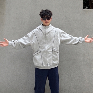 抖音得物高品质秋冬美式高街重磅结构辑明线纹理连帽卫衣外套W111图片