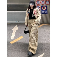 美式复古字母印花牛仔裤男女款直筒显瘦毛边潮牌高级感NZ1339，男装牛仔裤，星座516A