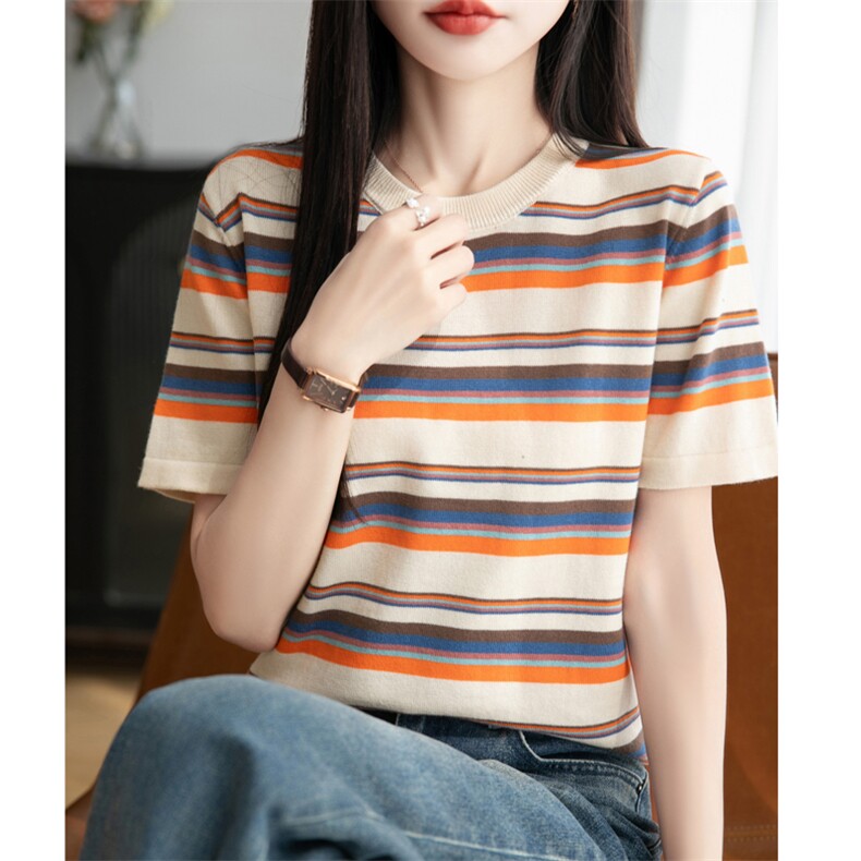 特惠印花超火减龄上衣韩系夏天复古针织条纹t恤女ins潮小众夏短袖,女装T恤,秋双羊绒