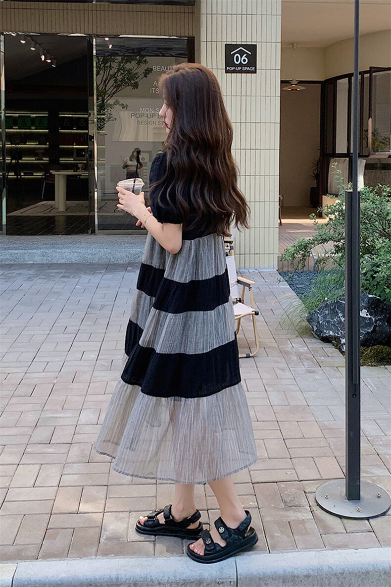 黑色拼接网纱连衣裙女2025夏季新款法式高级感宽松遮肉显瘦T恤裙,女装连衣裙,2C029