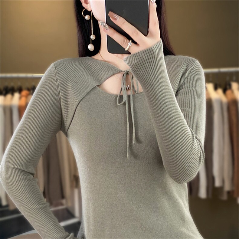 时尚女装55%羊毛披肩假两件针织衫显瘦修身长袖毛衣,针织衫/毛衣,暖姿羊绒