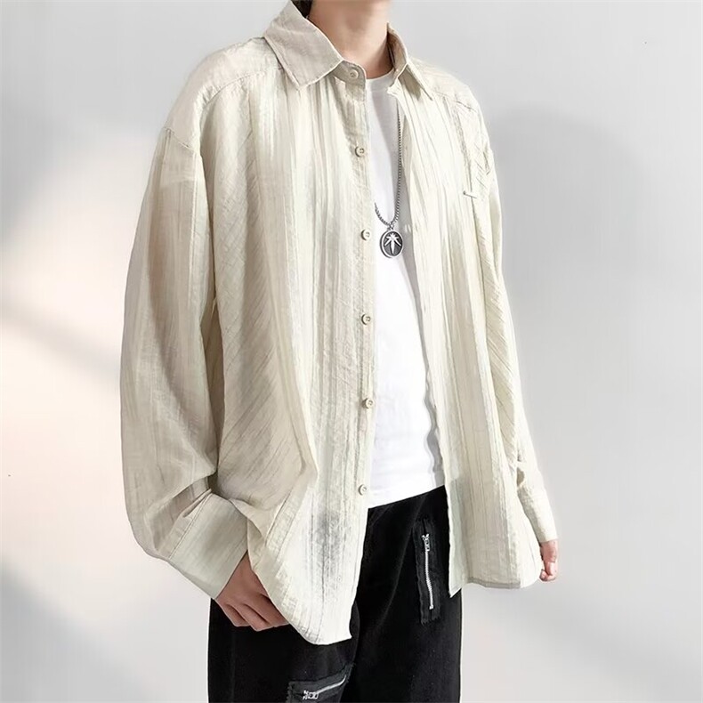 白色亚麻长袖衬衫男夏秋季薄款套潮牌痞帅松弛高级衬衣XC320/P38,男装衬衫,星座506
