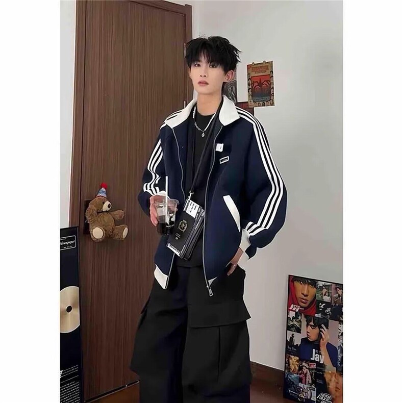 三条杠撞色翻领外套男士春秋季美式复古潮牌宽松休闲夹克图片