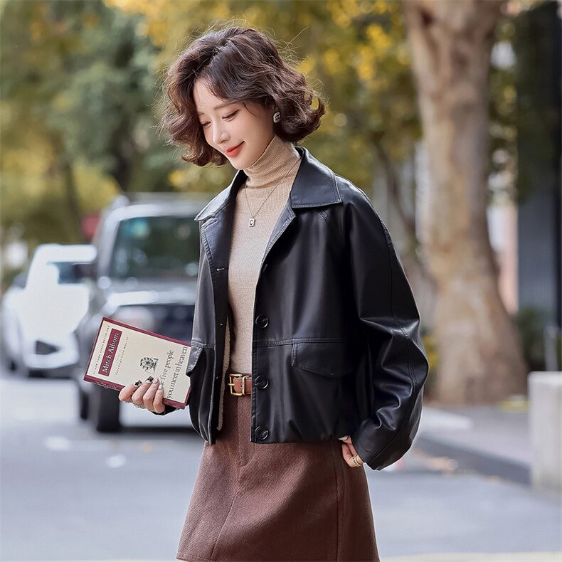 常规短款春季方领纽扣极简风皮衣春秋韩版机车服休闲气质小个子,女装皮衣,简古