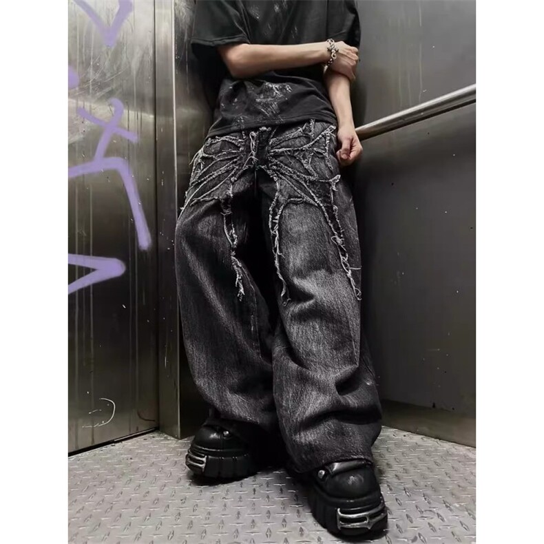 欧美嘻哈哥特街头宽松牛仔裤男复古拼接补丁做旧阔腿长裤图片