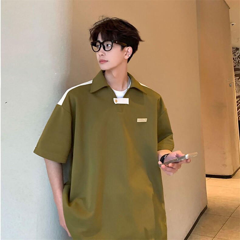 V领撞色夏季设计感短袖T恤新款潮牌宽松Polo衫,男装Polo衫,电商A458A