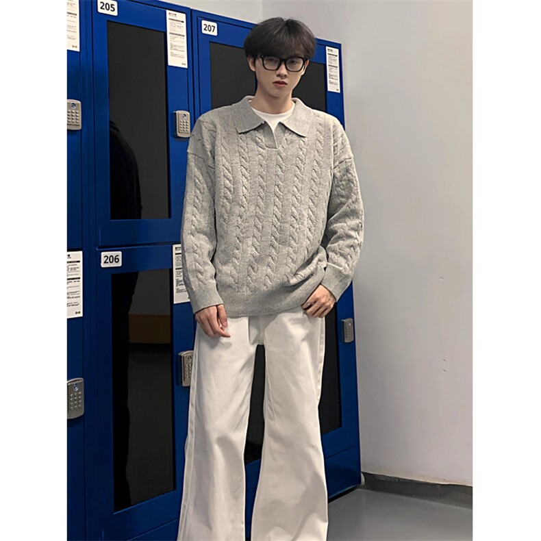 麻花针织衫秋季男装韩系宽松百搭设计感翻领套头毛衣M5348,男装针织衫/毛衣,星座1116A（原606A-3）