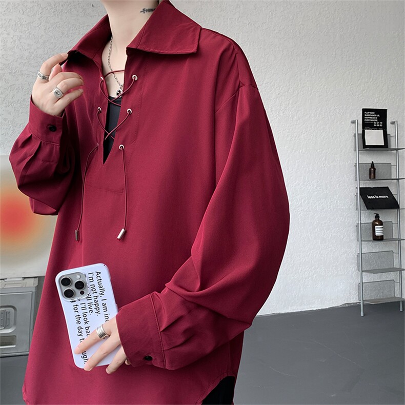 春夏新款小心机深V西装领系带衬衫简约美式时尚衬衫外套特P38,男装衬衫,电商B319