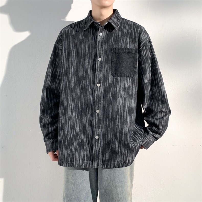 牛仔条纹衬衫男宽松翻领上衣外套休闲长袖衬衣A406C6029P68,男装衬衫,星座309（原A406）