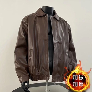 美式复古翻领pu皮衣夹克ins潮牌机车加绒皮衣外套Y1023-P88网图,和之初网红时尚馆服装搭配图片